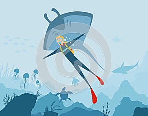 Vector cartoon style underwater background with sea flora and fauna. Coral reef, sea plants and fishes silhouettes