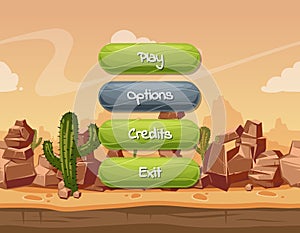 Vector cartoon style wavy enabled and disabled buttons with text for game design on orange rocks, sky and cactus desert photo