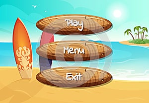 Vector cartoon style wooden buttons with text for game design on surfboards on the beach background