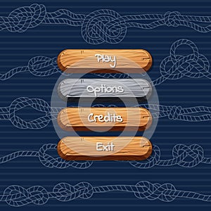 Vector cartoon style wooden enabled and disabled buttons with text for game design on rope knotes stripy background