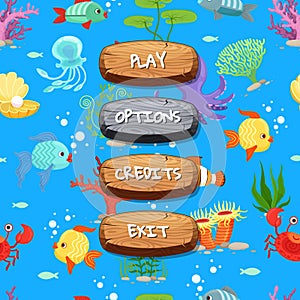 Vector cartoon style wooden enabled and disabled buttons with text for game design on sealife texture background