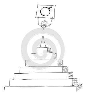 Vector Cartoon of Successful Man Celebrating Success on the Peak of the Pyramid Holding Male Sex Symbol in Hands