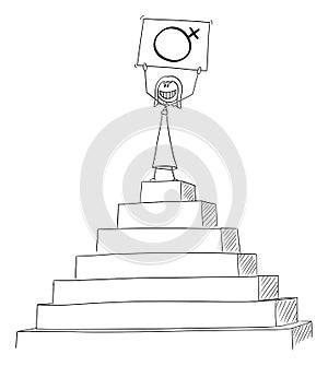 Vector Cartoon of Successful Woman Celebrating Success on the Peak of the Pyramid Holding Female Sex Symbol in Hands