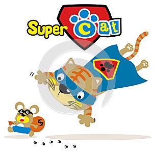 Vector cartoon of a super hero in action, super cat versus little rat