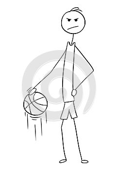 Vector Cartoon of Tall Basketball Player Posing and Dribbling wi