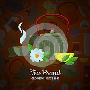 Vector cartoon tea kettles and cups background with place for text illustration