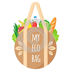 Vector cartoon textile bag with eco quot with healthy organic fo