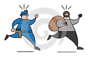 Vector cartoon thief man with face masked running away from poli