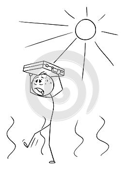 Vector Cartoon of Thirsty Man or Businessman Walking in Hot Weather with Briefcase Protecting His Head From the Sun