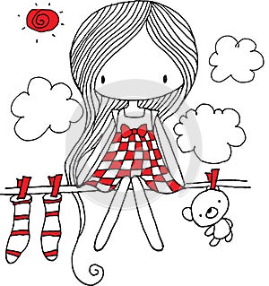 Vector cartoon three girls Standing whole bodyBlack and white red girl drying clothes vector illustration cartoon