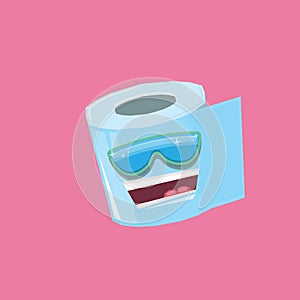 Vector funny cartoon toilet paper roll character with sunglasses isolated on pink background. funky smiling kawaii tolet