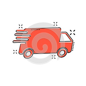 Vector cartoon truck, car icon in comic style. Fast delivery service shipping sign illustration pictogram. Car van business