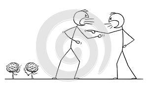 Vector Cartoon of Two Angry Men Arguing or Fighting, Their Brains Taking a Break