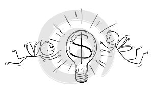 Vector Cartoon of Two Businessmen as Flies Attracted by Light Bulb with Dollar or Money Symbol and Flying Around