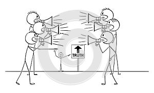 Vector Cartoon of Two Group of People with Loudspeakers Screaming and Fighting for the Truth, but Both Are Wrong