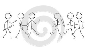 Vector Cartoon of Two Groups of Men or Businessmen Who Are Going to Fight or Brawl with Hand Weapons photo