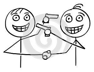 Vector Cartoon of Two Men Handshaking, Smiling and Pointing Guns