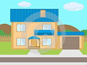 Vector cartoon two-story house garage green lawn