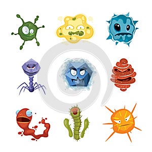 Vector cartoon ugly viruses characters, monster flu microbes set