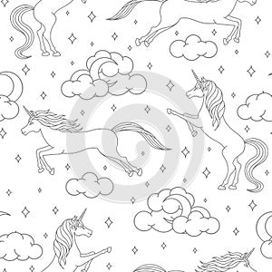 Vector cartoon unicorn seamless pattern on white background. Magical creatures outline with stars, moons and clouds.