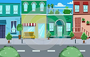 Vector cartoon urban street house and shop scene background illustration