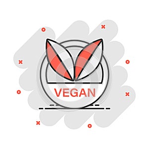 Vector cartoon vegan label badge icon in comic style. Vegetarian stamp concept illustration pictogram. Eco natural food business