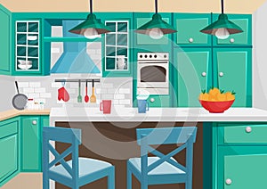 Vector Cartoon volumetric illustration of cozy vintage retro kitchen interior.