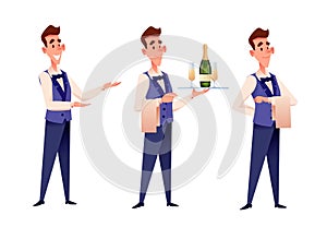 Vector cartoon waiter at restaurant with champagne