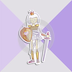 Vector cartoon warrior girl illustration with sword and shield, in crown and armour. Cute princess in crown and warrior