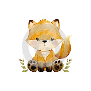 Vector cartoon watercolor with Fox sitting in leave wreath for Baby Nursery Decor