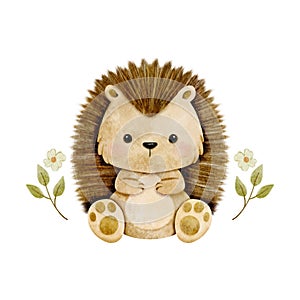 Vector cartoon watercolor with Hedgehog sitting in leave and flower wreath for Baby Nursery Decor