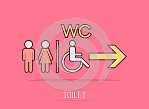 Vector cartoon WC, toilet icon in comic style. Men and women restroom sign illustration pictogram. WC business splash effect