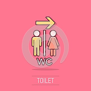 Vector cartoon WC, toilet icon in comic style. Men and women restroom sign illustration pictogram. WC business splash effect