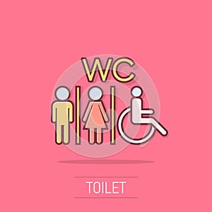 Vector cartoon WC, toilet icon in comic style. Men and women restroom sign illustration pictogram. WC business splash effect