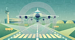 Vector cartoon white airliner, jet over runway