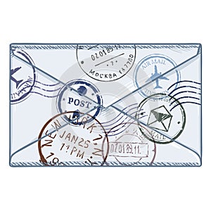 Vector Cartoon White Envelope with Postage Stamps