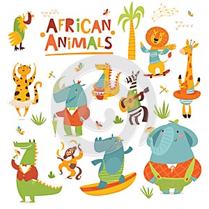 Vector cartoon Wild animals of Africa funny characters in flat style