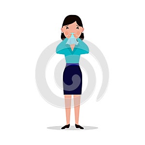 Vector cartoon woman caught cold, sneeze, ill flu