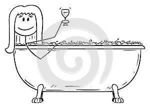 Vector Cartoon of Woman Relaxing in Batch Tub with Glass of Wine