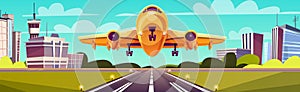 Vector cartoon yellow airliner, jet over runway