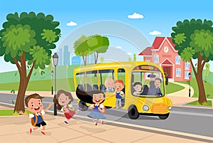 Vector cartoon yellow school bus with pupil