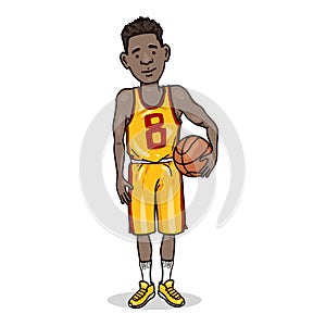 Vector Cartoon Young African Man in Basketball Uniform with a Ball