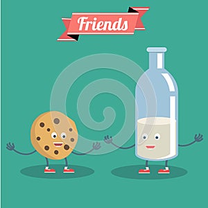 Vector cartoons of comic characters milk and cookies. Friends forever. Breakfast