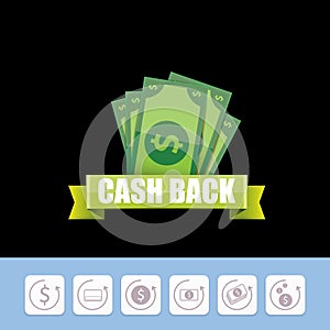 Vector cash back icon isolated on black background.