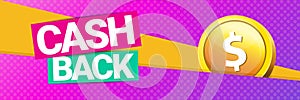 Vector cash back icon isolated on modern violet background. cashback or money refund horizontal banner background