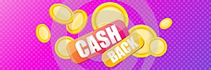 Vector cash back icon isolated on modern violet background. cashback or money refund horizontal banner background