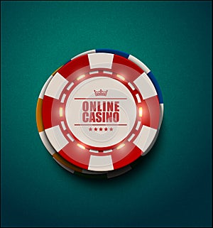 Vector casino poker chips with luminous light elements, top view. Blue green textured background. Online casino, blackjack poster