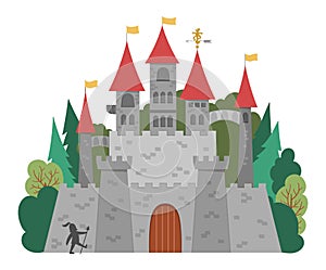 Vector castle icon isolated on white background. Magic kingdom picture. Big medieval stone palace with towers, flags, gates, trees
