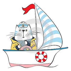 Vector cat captain on the ship