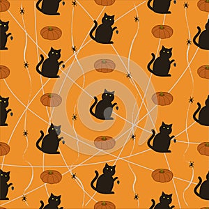 Vector cat with mouse halloween pattern hand drawn on an orange background